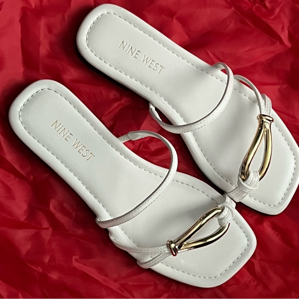 Nine West White Sandal Slides with Gold Hardware